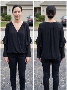 Ann Taylor Factory Black Crossover V-Neck Ruffle Sleeve Blouse Women's Size XL